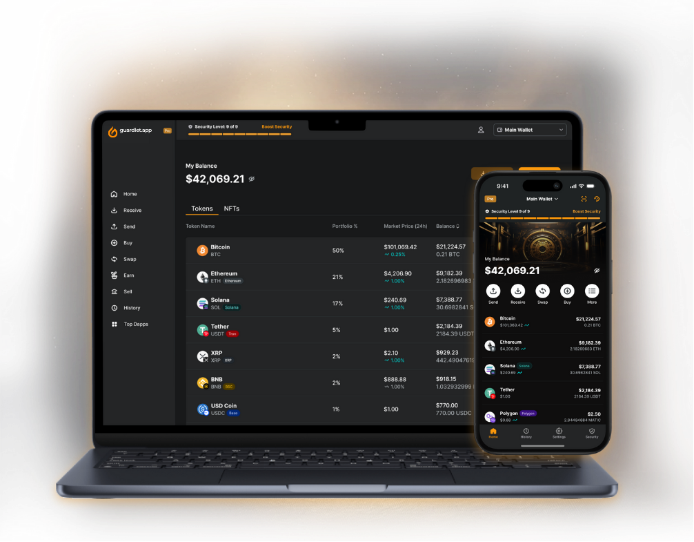 Guardlet Crypto Wallet - Laptop and Mobile Interface