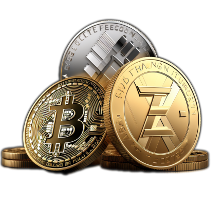 Two gold-colored Bitcoin coins in 3D